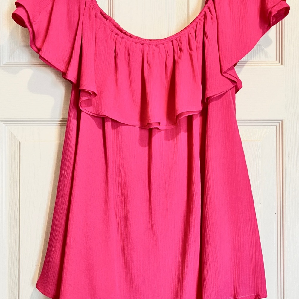 Nina Leonard Off-Shoulder Ruffle Tunic — Hot Pink